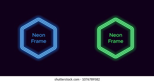 Neon hexagon frame in blue and green color. Vector template of neon frame consisting of three outlines, with soft backlight on the dark background