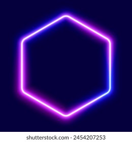 Neon hexagon frame, glowing border vector illustration.