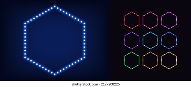 Neon hexagon frame with lamps. Glowing neon hexagon border set with bulbs. Garland frames with copy space, Vector templates with hexagonal shape for banner, story and social media presentation