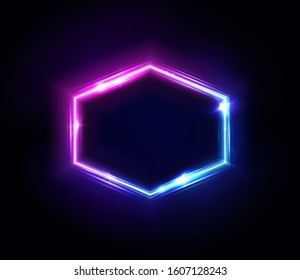 Neon hexagon frame or neon lights sign. Vector abstract background, tunnel, portal. Geometric glow outline hexagon shape or laser glowing lines. Abstract background with space for your text.