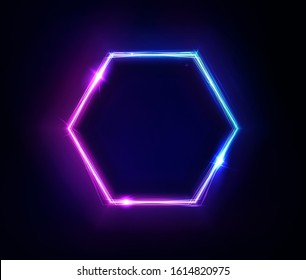 Signo de las luces de neón o del bastidor hexágono. Fondo abstracto vectorial, túnel, portal. Forma hexágona de contorno geométrico o líneas brillantes láser. Fondo abstracto con espacio para el texto