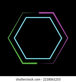 Neon hexagon frame or neon lights sign. Vector abstract background
