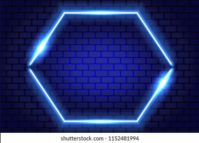 Neon hexagon frame on brick wall for decoration signboard of a casino, shop, club or bar