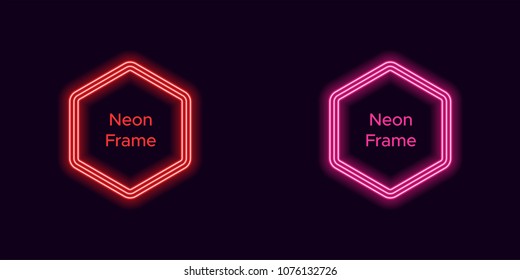 Neon hexagon frame in red and pink color. Vector template of neon frame consisting of three outlines, with soft backlight on the dark background