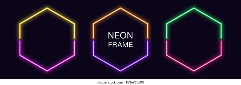 Neon hexagon Frame. Set of hexagonal neon Border in 2 outline parts. Geometric shape with copy space, futuristic glowing element for social media stories. Yellow, purple, orange, green. Fully Vector - Shutterstock ID 1836963508