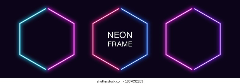 Neon hexagon Frame. Set of hexagonal neon Border in 2 outline parts. Geometric shape with copy space, futuristic glowing element for social media stories. Blue, pink, purple, violet. Fully Vector - Shutterstock ID 1837032283