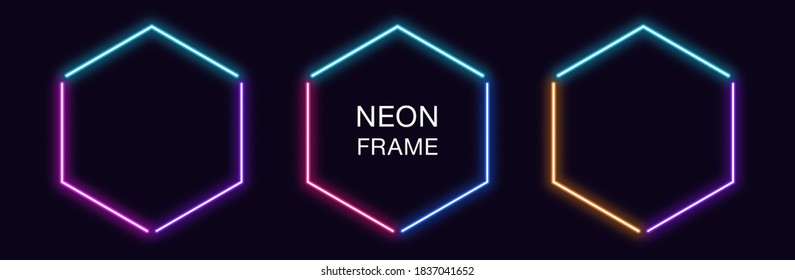 Neon hexagon Frame. Set of hexagonal neon Border in 3 angular parts. Geometric shape with copy space, futuristic glowing element for social media stories. Blue, pink, purple, violet. Fully Vector