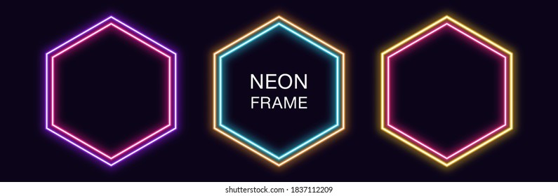 Neon hexagon Frame. Set of hexagonal neon Border with double outline. Geometric shape with copy space, futuristic glowing element for social media stories. Yellow, pink, orange, azure. Fully Vector - Shutterstock ID 1837112209