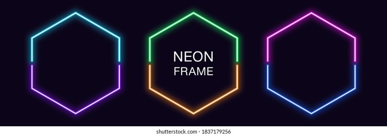 Neon hexagon Frame. Set of hexagonal neon Border in 2 outline parts. Geometric shape with copy space, futuristic glowing element for social media stories. Violet, blue, purple, green. Fully Vector - Shutterstock ID 1837179256