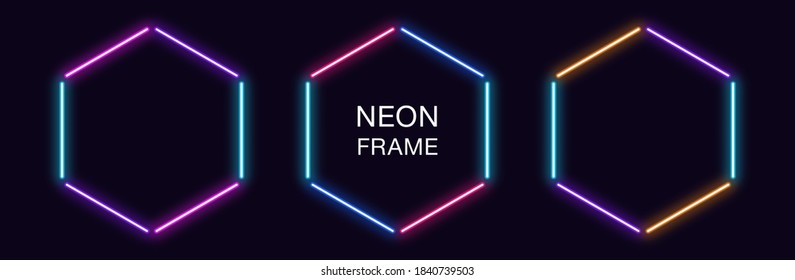 Neon hexagon Frame. Set of hexagonal neon Border in 3 outline parts. Geometric shape with copy space, futuristic glowing element for social media stories. Blue, pink, purple, violet. Fully Vector