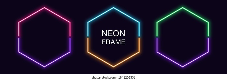 Neon hexagon Frame. Set of hexagonal neon Border in 2 outline parts. Geometric shape with copy space, futuristic glowing element for social media stories. Violet, pink, orange, azure. Fully Vector - Shutterstock ID 1841203336