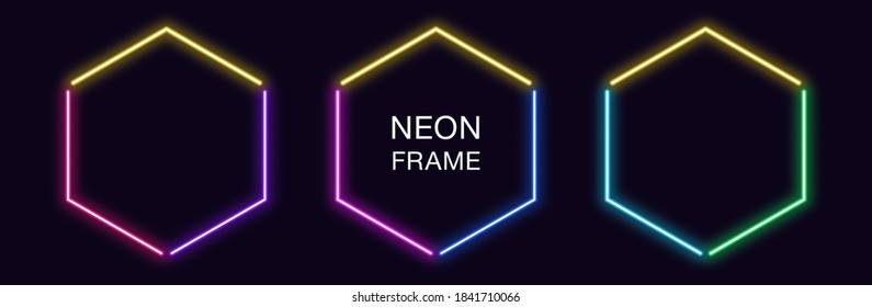 Neon hexagon Frame. Set of hexagonal neon Border in 3 angular parts. Geometric shape with copy space, futuristic glowing element for social media stories. Yellow, blue, purple, violet. Fully Vector