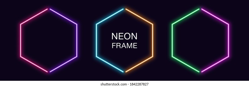 Neon hexagon Frame. Set of hexagonal neon Border in 2 outline parts. Geometric shape with copy space, futuristic glowing element for social media stories. Violet, pink, orange, azure. Fully Vector - Shutterstock ID 1842287827