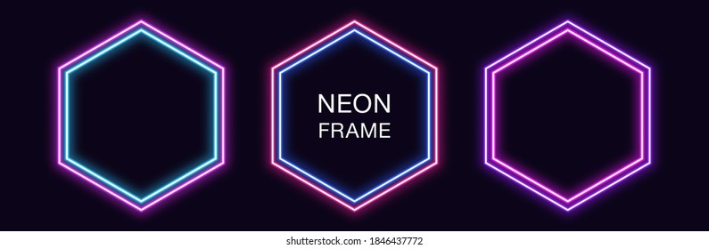 Neon hexagon Frame. Set of hexagonal neon Border with double outline. Geometric shape with copy space, futuristic glowing element for social media stories. Blue, pink, purple, violet. Fully Vector - Shutterstock ID 1846437772