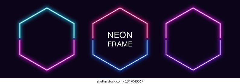 Neon hexagon Frame. Set of hexagonal neon Border in 2 outline parts. Geometric shape with copy space, futuristic glowing element for social media stories. Blue, pink, purple, violet. Fully Vector - Shutterstock ID 1847040667