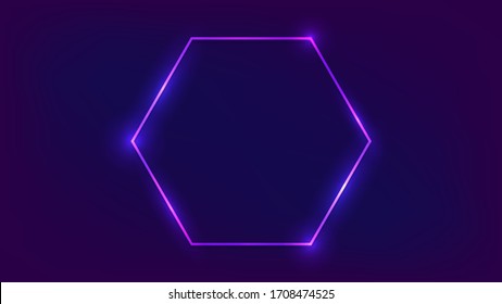 Neon hexagon frame with shining effects on dark background. Empty glowing techno backdrop. Vector illustration.