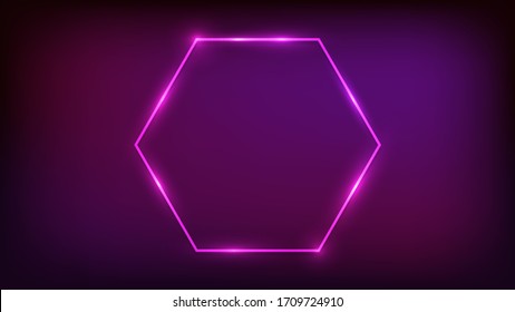 Marco hexágono neón con efectos brillantes sobre el fondo oscuro. Fondo tecno brillante vacío. Ilustración vectorial.