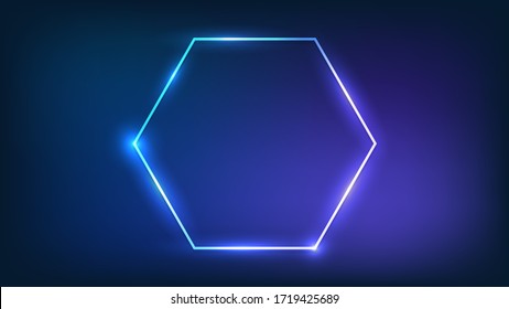 Neon hexagon frame with shining effects on dark background. Empty glowing techno backdrop. Vector illustration.