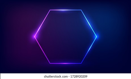 Neon hexagon frame with shining effects on dark background. Empty glowing techno backdrop. Vector illustration.