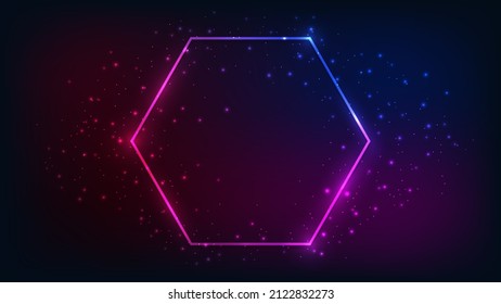 Neon hexagon frame with shining effects and sparkles on dark background. Empty glowing techno backdrop. Vector illustration