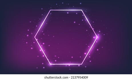 Marco de neón hexágono con efectos brillantes y destellos sobre el fondo oscuro. Fondo tecno brillante vacío. Ilustración del vector