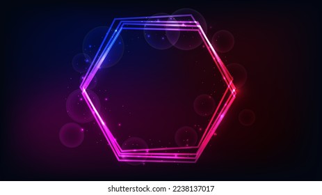 Neon hexagon frame with shining effects and sparkles on dark background. Empty glowing techno backdrop. Vector illustration
