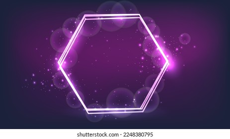 Neon hexagon frame with shining effects and sparkles on dark background. Empty glowing techno backdrop. Vector illustration