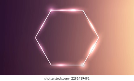 Neon hexagon frame with shining effects on dark brown background. Empty glowing techno backdrop. Vector illustration