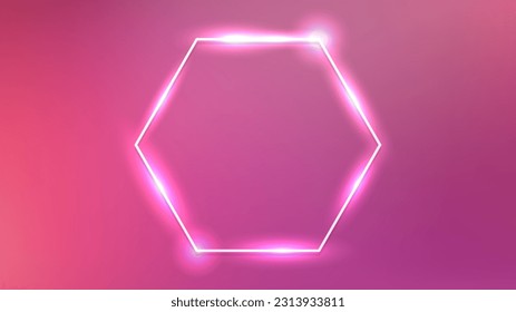 Neon hexagon frame with shining effects on pink background. Empty glowing techno backdrop. Vector illustration