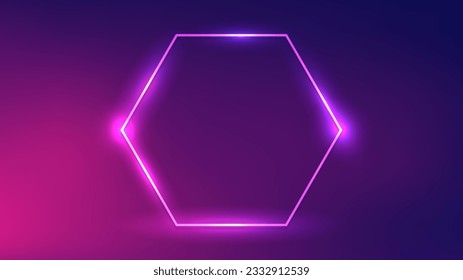 Neon hexagon frame with shining effects on dark purple background. Empty glowing techno backdrop. Vector illustration