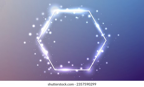 Marco de neón hexágono con efectos brillantes y destellos sobre fondo violeta. Fondo tecno brillante vacío. Ilustración del vector