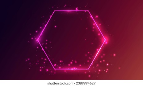 Neon hexagon frame with shining effects and sparkles on dark pink background. Empty glowing techno backdrop. Vector illustration