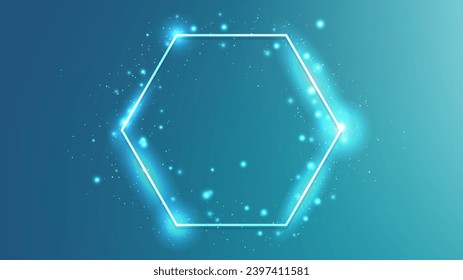 Neon hexagon frame with shining effects and sparkles on blue background. Empty glowing techno backdrop. Vector illustration