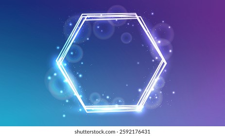 Neon hexagon frame with shining effects and sparkles on blue background. Empty glowing techno backdrop. Vector illustration