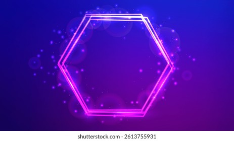 Neon hexagon frame with shining effects and sparkles on blue background. Empty glowing techno backdrop. Vector illustration