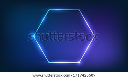 Neon hexagon frame with shining effects on dark background. Empty glowing techno backdrop. Vector illustration.