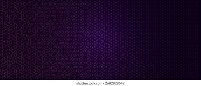 Neon hexágono alveolado fundo abstrato gradiente, padrão de tecnologia roxo escuro. Grade digital futurista para landing hero, banner, app UI, marca de criptografia, cartazes, embalagem. Ilustração vetorial