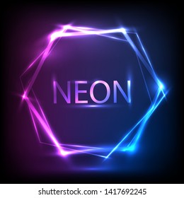 Neon hexagon, light effects banner design. Vector Illustration