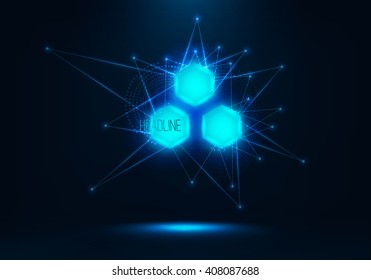 Neon hexagon set. Vector futuristic technical background . Lights and neon particles