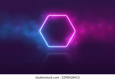 Neon hexagon with smoke, gradient led border, portal with haze clouds. 3D abstract retro tech background. Vector illustration.