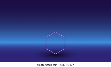 Neon hexagon symbol on a gradient blue background. The isolated symbol is located in the bottom center. Gradient blue with light blue skyline