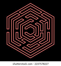 Neon hexagonal Maze Hexagon maze Labyrinth with six corner red color vector illustration image flat style light