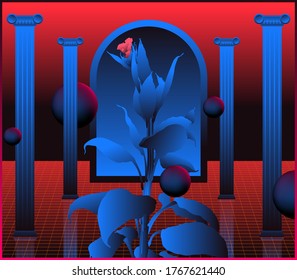 Neon high contrast tropical plant on perspective space vibe and roman column, retro vintage aesthetic techno surreal background illustration