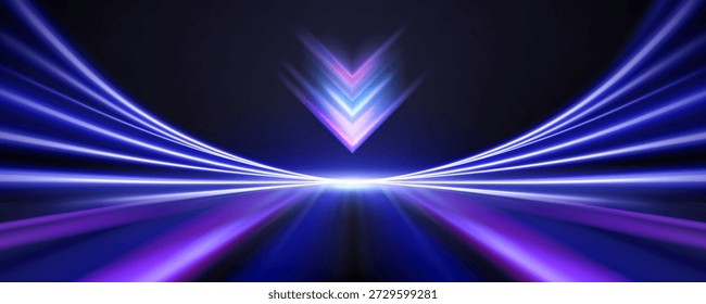 Neonfarbene Hochgeschwindigkeitslinien und Vorwärtspfeilzeichen auf schwarzem Hintergrund. Vektorrealistische Illustration von High-Tech-Banner-Design, Blitz und Bewegung Zeichen, Boost Power, Geschäftsentwicklung Richtung