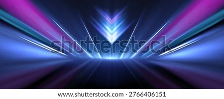 Neon high speed lines and forward arrow sign on black background. Vector realistic illustration of high tech banner design, bright flash and motion sign, boost power, business development direction