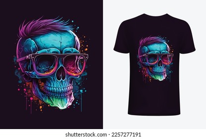 Neon hipster skull with sunglass for t shirt design, gaming logo, poster, banner etc. - Shutterstock ID 2257277191