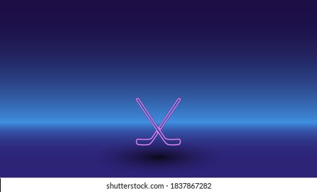 Neon hockey symbol on a gradient blue background. The isolated symbol is located in the bottom center. Gradient blue with light blue skyline