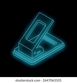 Neon hole punch glowing in turquoise on black background, isometric view of stationery tool