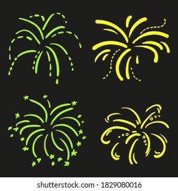 Neon holiday fireworks on isolated black background. Hand drawn explosion