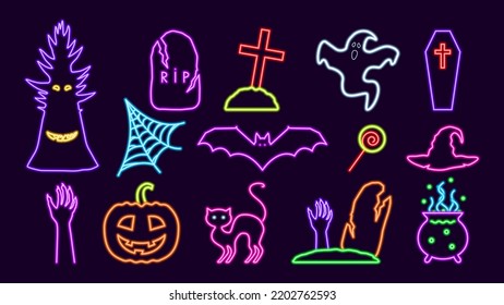 Neon holiday halloween set. Sinister purple bat and ghosts with gloomy dead trees. Dead mens hands sticking out of green graves with cobwebs and festive vector sweets